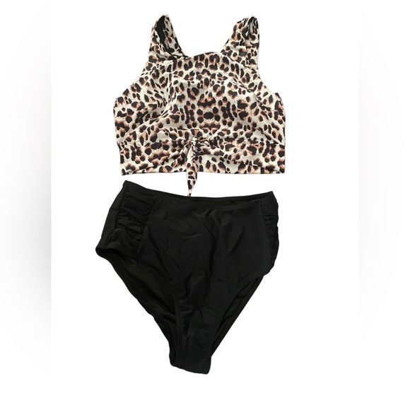 2 piece Women’s Black & Leopard High Waisted & High Neck Bikini, Sm - Picture 5 of 13